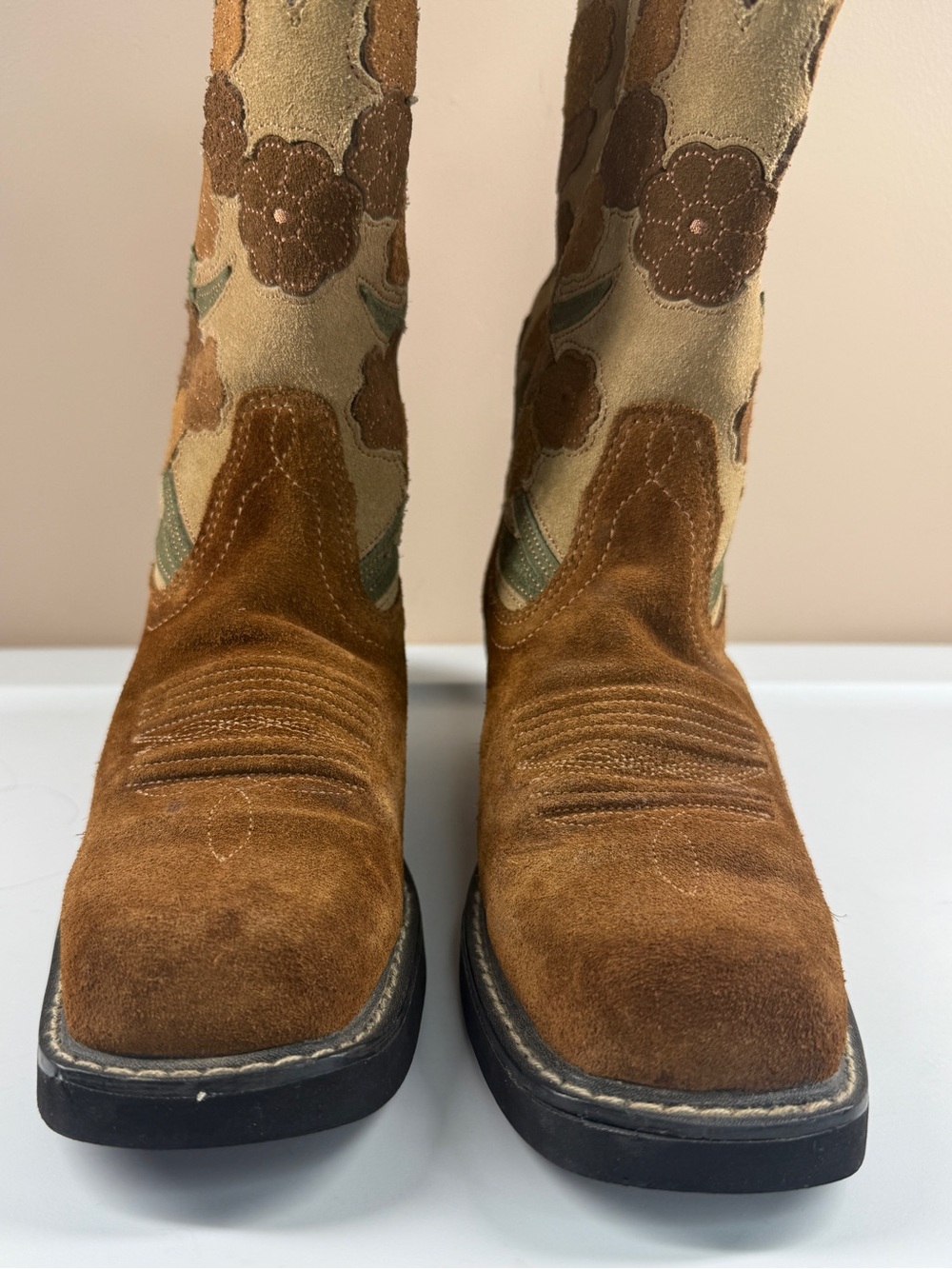 Ariat Doll Baby Chestnut Floral Western Cowboy Boots Suede Square Toe Size 7.5B - Picture 6 of 14